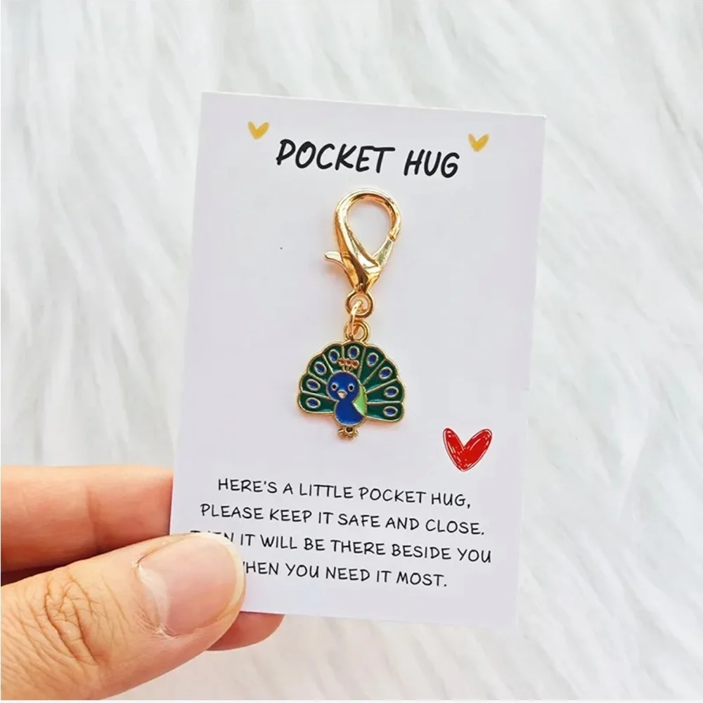 Peacock Pocket Hug Keychain Charm w Sheer Organza Bag $FIRM
